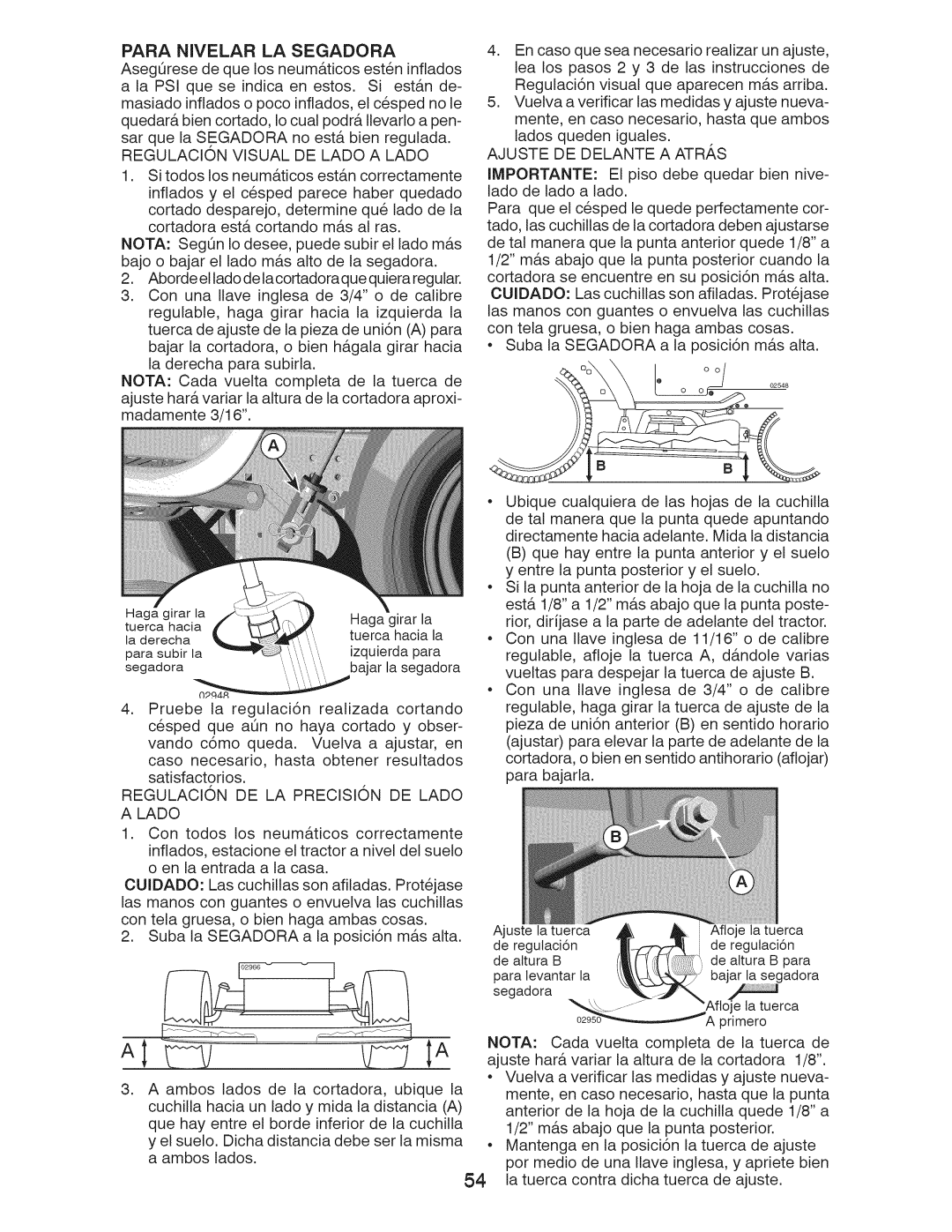 Craftsman 917.289243 manual Para Nivelar LA Segadora, Regulacion Visual DE Lado a Lado, Ajuste DE Delante a ATR,S 