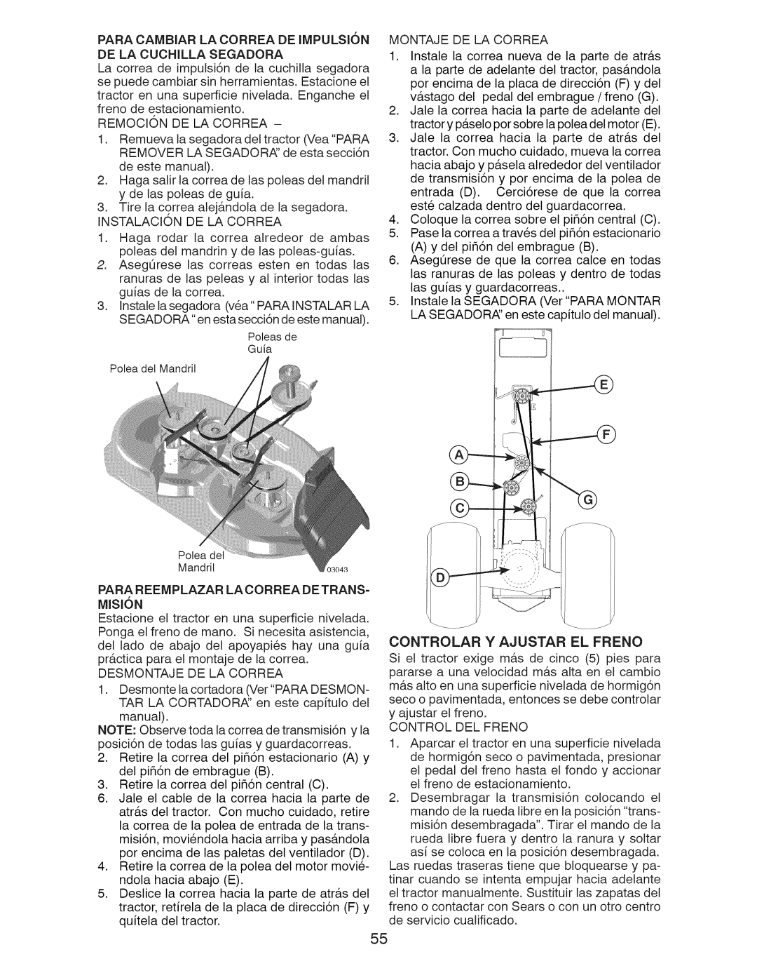 Craftsman 917.289243 Paracambiarla Correa DE Impulsion DE LA Cuchilla Segadora, Remocion DE LA Correa, Control DEL Freno 