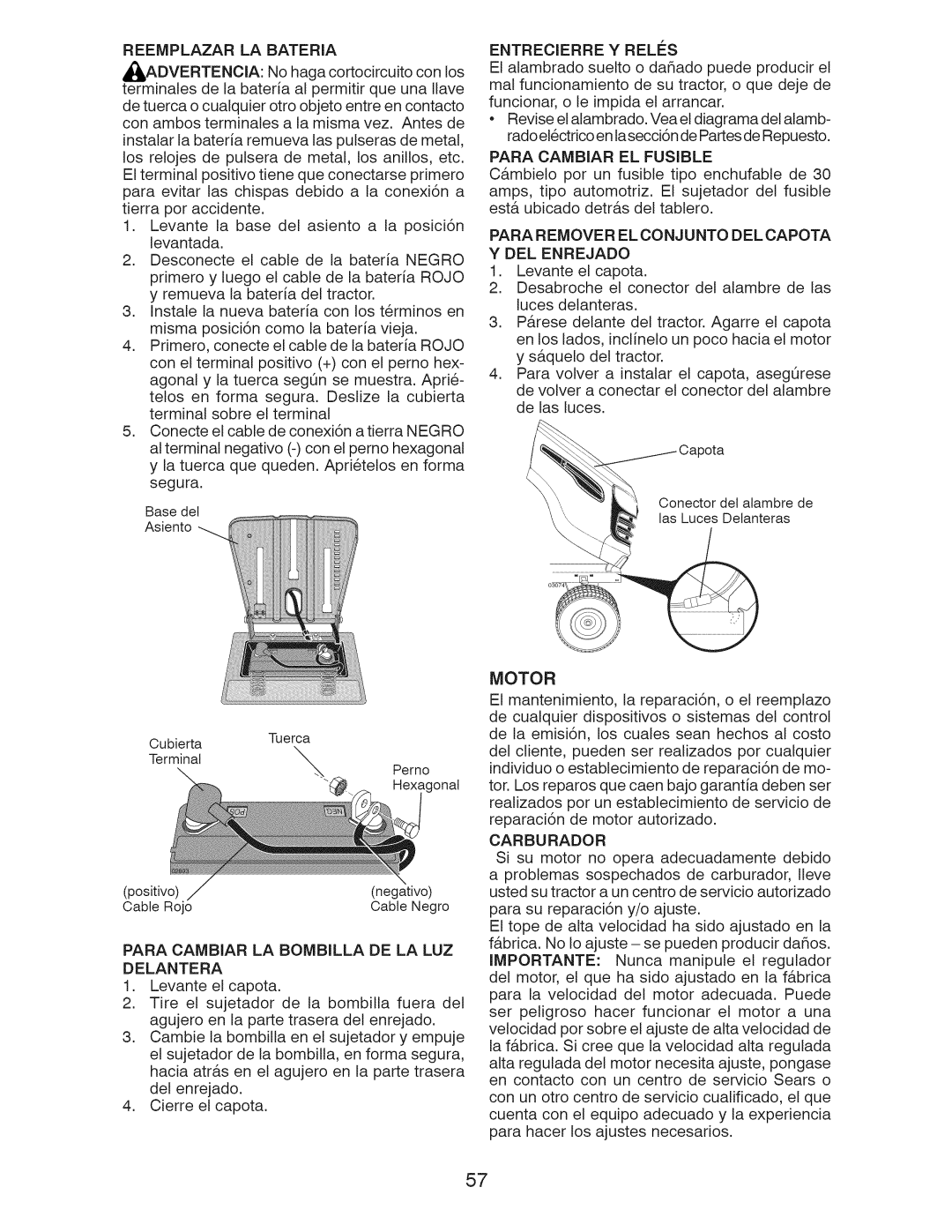 Craftsman 917.289243 Reemplazar LA Bateria, Para Cambiar EL Fusible, Para Remover EL Conjunto DEL Capota Y DEL Enrejado 