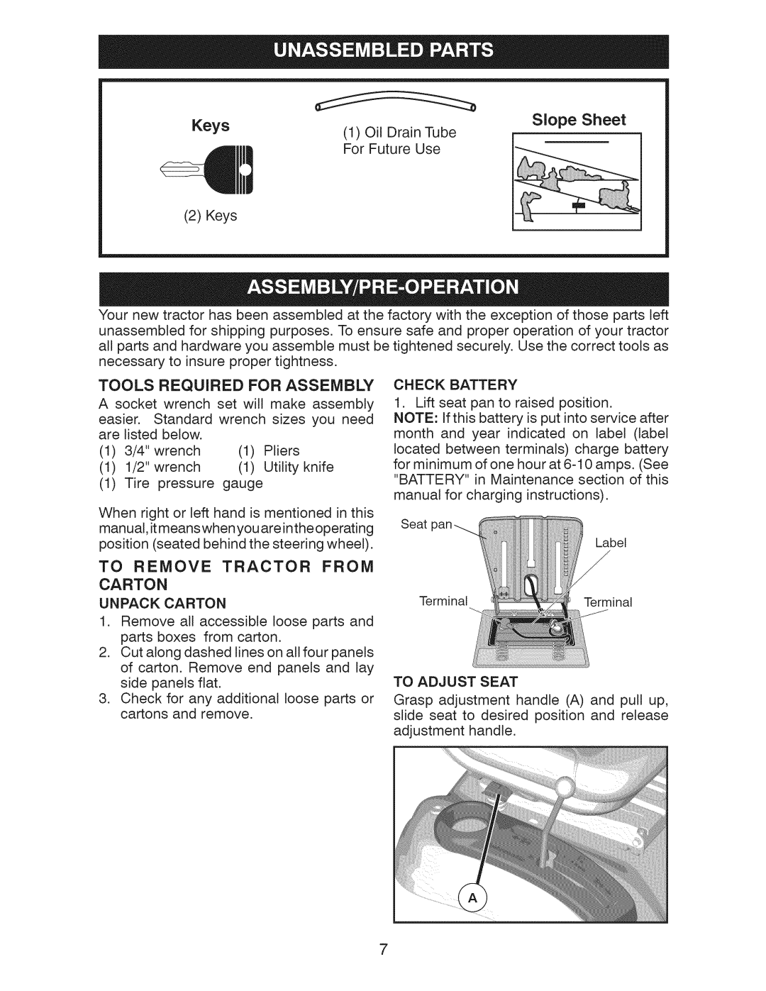 Craftsman 917.289243 manual Tools Required for Assembly, To Remove Tractor from Carton, Unpack Carton, To Adjust Seat 