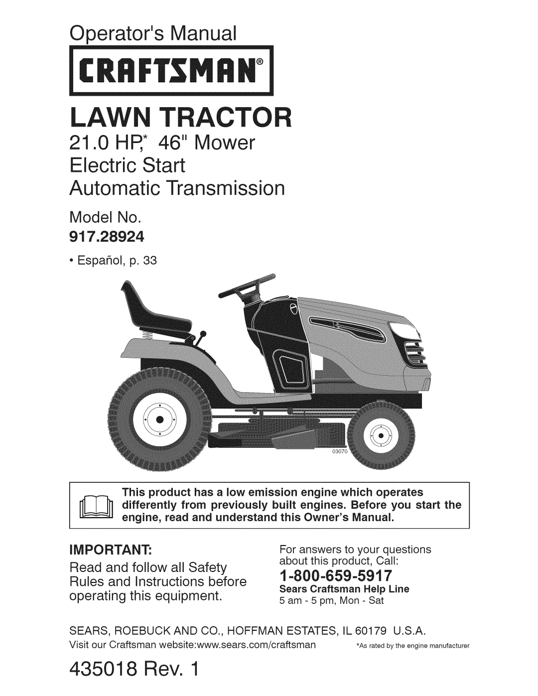 Craftsman 917.289244 owner manual LAW Tracto, SEARS, Roebuckand CO., Hoffman ESTATES, IL 60179 U.S.A 