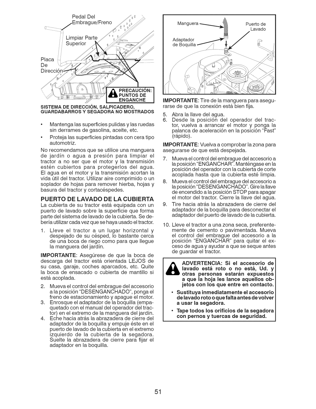 Craftsman 917.289244 owner manual Puerto DE Lavado DE LA Cubierta 