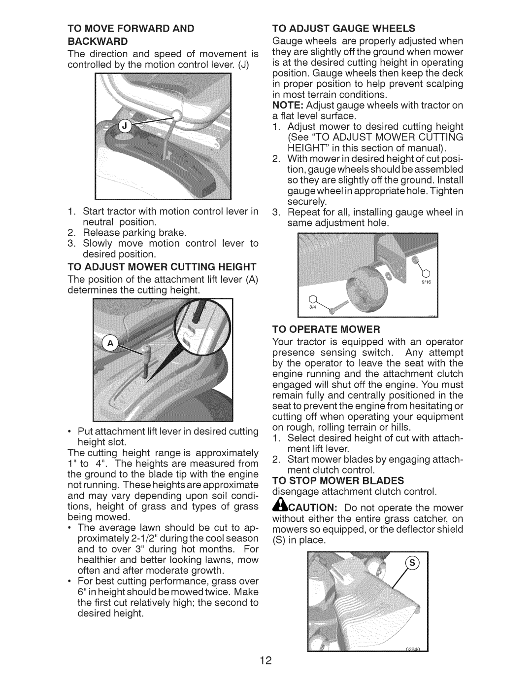 Craftsman 917.289244 To Move Forward Backward, To Adjust Mower Cutting Height, To Operate Mower, To Adjust Gauge Wheels 