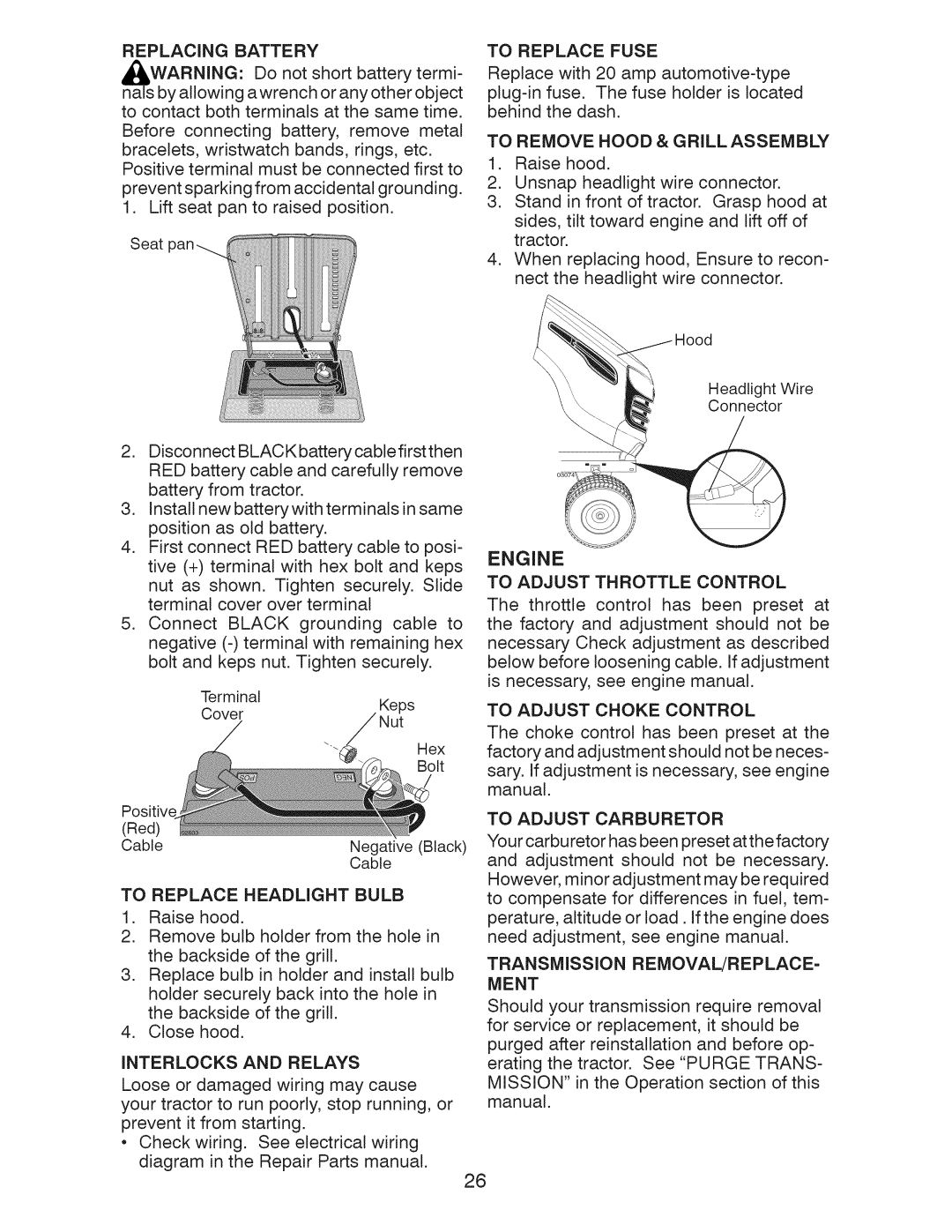 Craftsman 917.289244 owner manual To Replace Fuse, To Remove Hood & Grill Assembly, Interlocks and Relays, Ment 