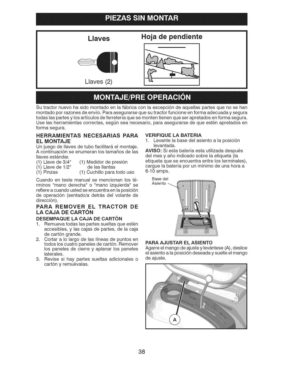 Craftsman 917.289244 owner manual Herramientas Necesarias Para EL Montaje, Para Remover EL Tractor DE, Verifique LA Bateria 