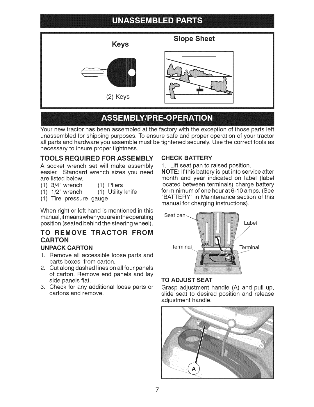 Craftsman 917.289244 owner manual Tools Required for Assembly, To Remove Tractor from Carton, Unpack Carton, To Adjust Seat 