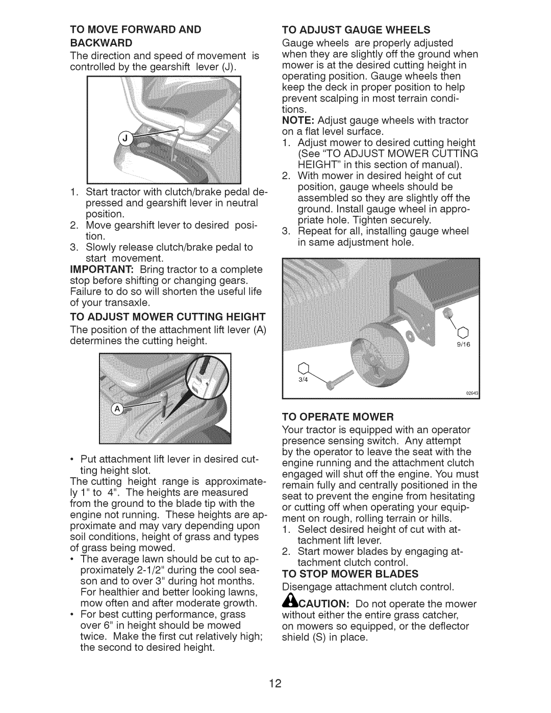 Craftsman 917.289250, 917.289251, 917.289253 owner manual To Move Forward Backward, To Operate Mower, To Adjust Gauge Wheels 