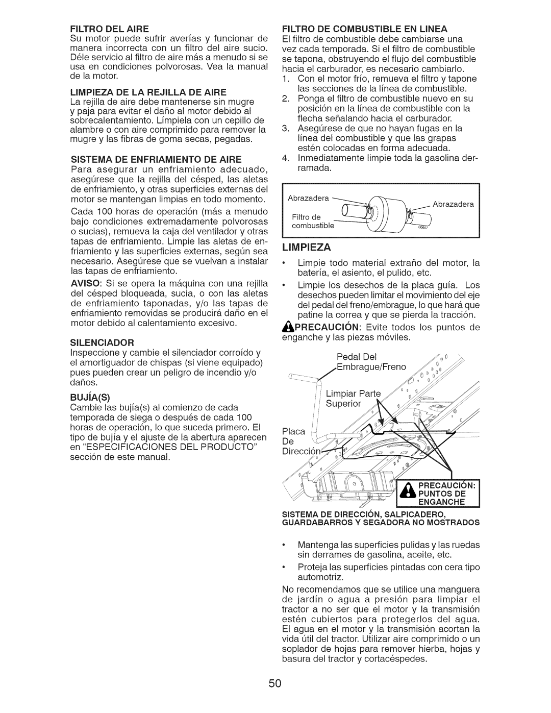 Craftsman 917.289251, 917.289250 Sistema DE Enfriamiento DE Aire, Filtro DE Combustible EN Linea, Limpieza, PRECAUCI6N 