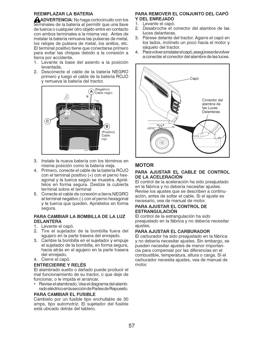 Craftsman 917.289250, 917.289251 Reemplazar LA Bateria Dvertencia, Para Remover EL Conjunto DEL Capo Y DEL Enrejado 