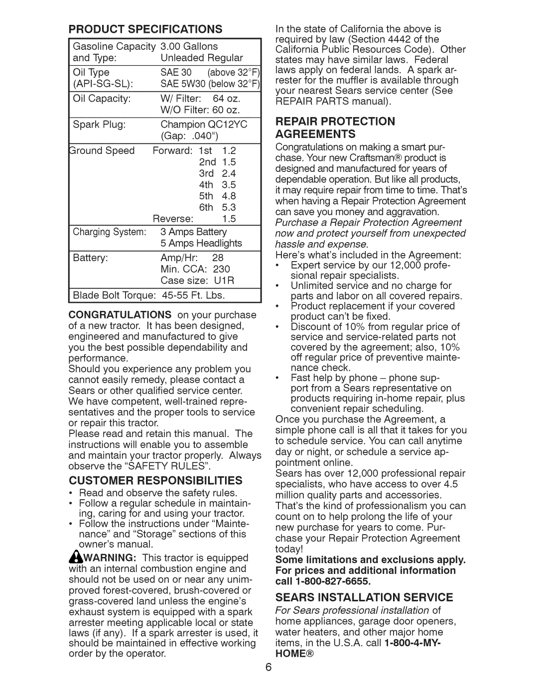 Craftsman 917.289251, 917.289250 Product Specifications, Customer Responsibilities, Repair Protection, Agreements 