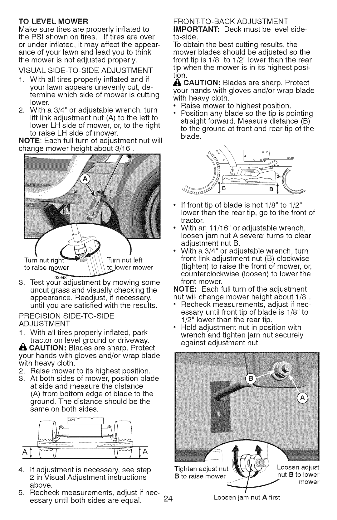 Craftsman 917.28927 manual To Level Mower, Visual SIDE-TO-SIDE Adjustment, Precision SIDE-TO-SIDE Adjustment 