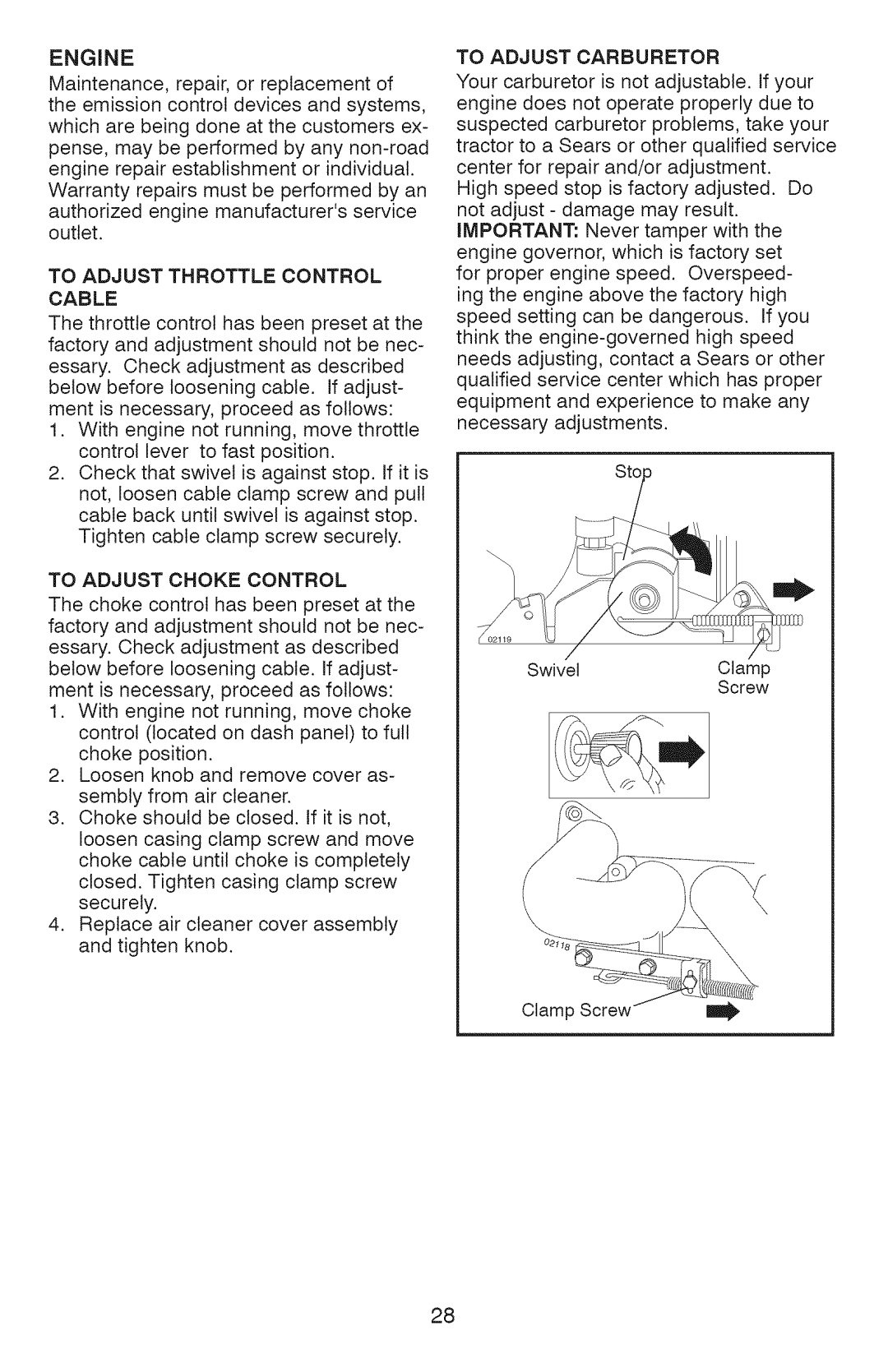 Craftsman 917.28927 manual To Adjust Throttle Control Cable, To Adjust Choke Control, To Adjust Carburetor 