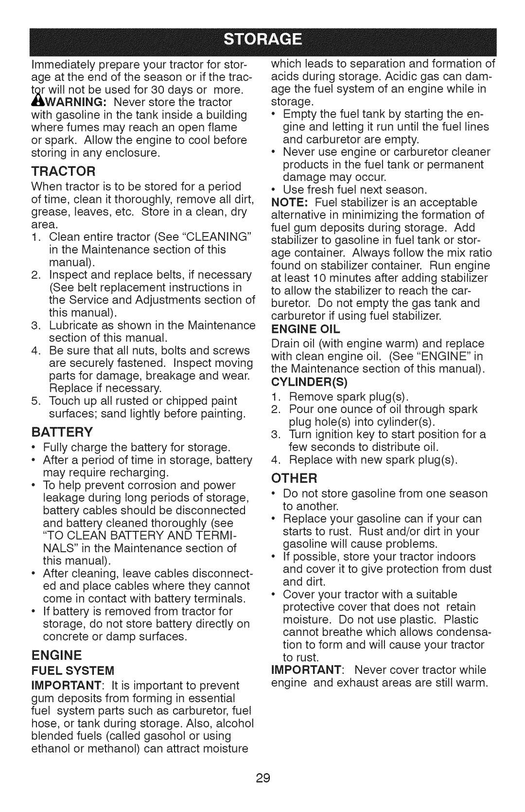 Craftsman 917.28927 manual Tractor, Fuel System, Engine OiL, Cylinders, Other 