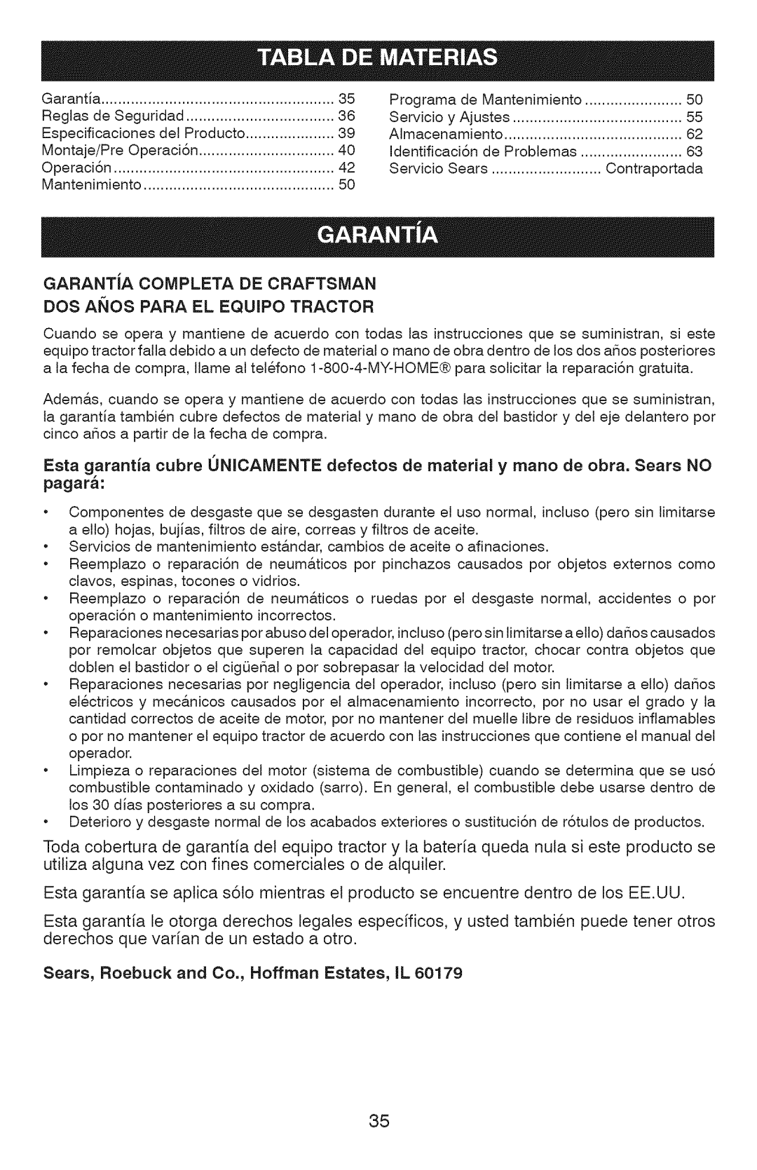 Craftsman 917.28927 manual Garantja Completa DE Craftsman, DOS Aios Para EL Equipo Tractor, Pagar 