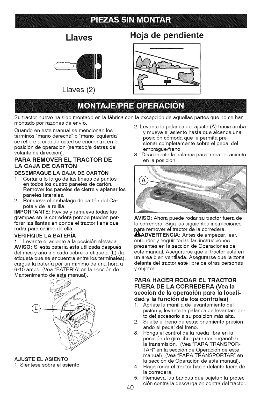 Craftsman 917.28927 manual Para Remover EL Tractor DE LA Caja DE Carton, Desempaque LA Caja DE Carton, Verifique LA Bateria 