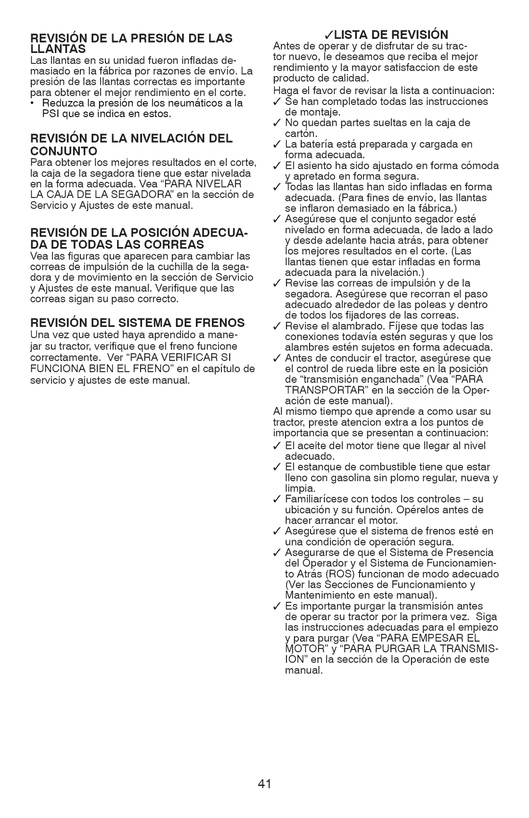 Craftsman 917.28927 manual Lista DE Reviskdn, REVISI6N DE LA Presion DE LAS Llantas, Revision DE LA Nivelacion DEL Conjunto 