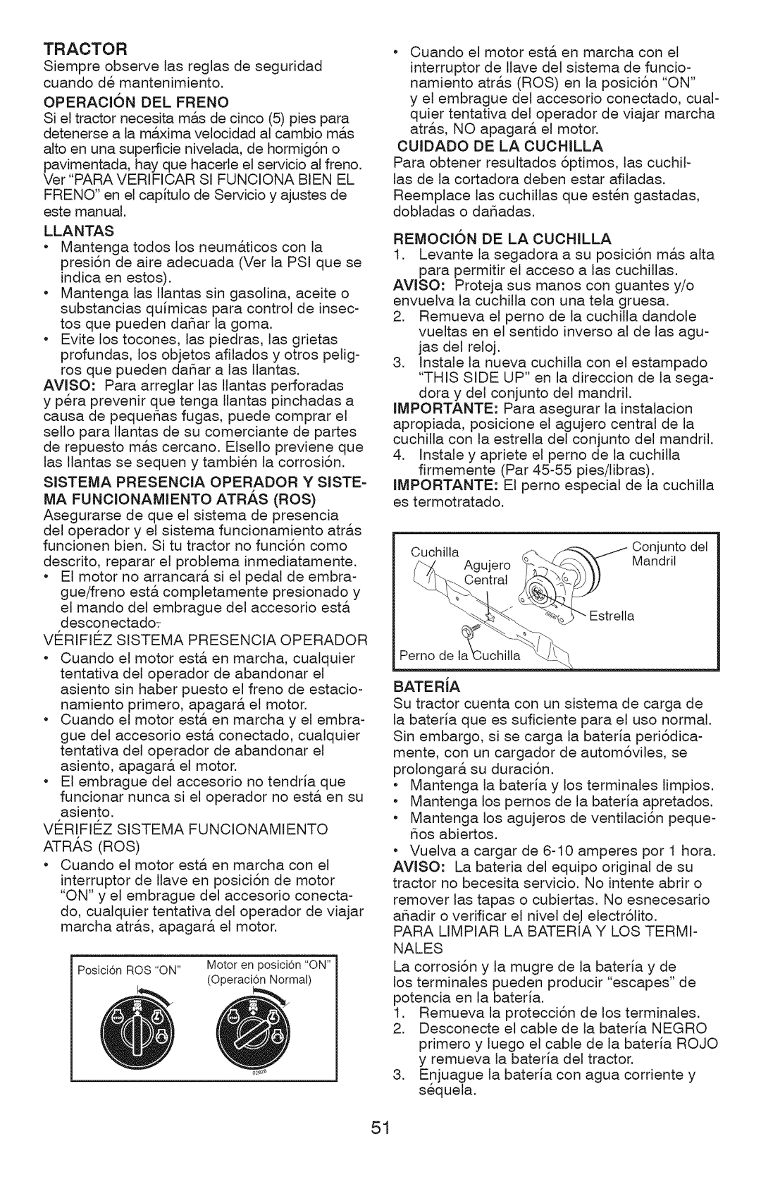 Craftsman 917.28927 Tractor, OPERAOI6N DEL Freno, Llantas, Verifiez Sistema Presencia Operador, REMOCI6N DE LA Cuchilla 