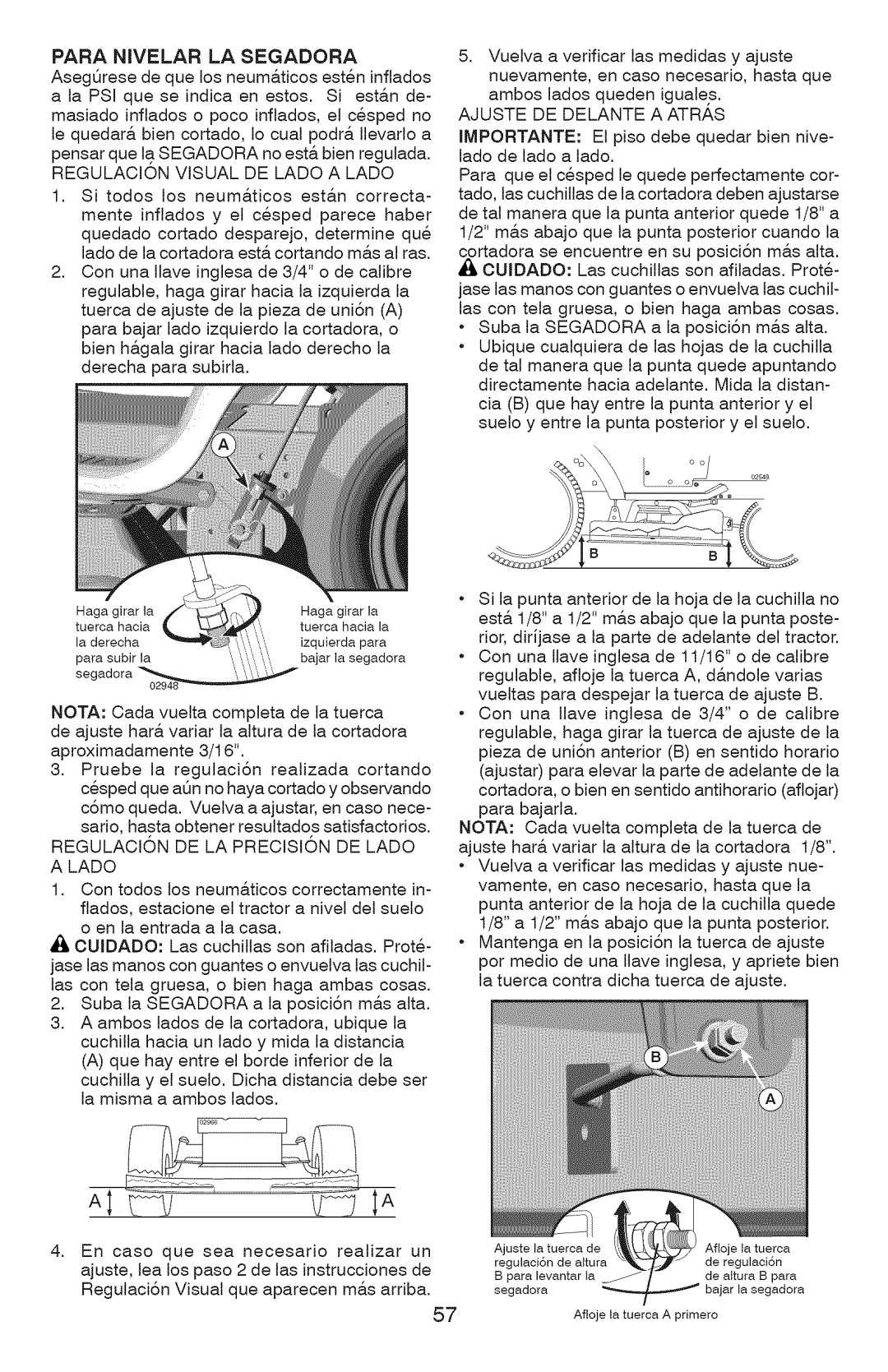 Craftsman 917.28927 manual Para Nivelar LA Segadora, Regulacion Visual DE Lado a Lado, Ajuste DE Delante a Atras 