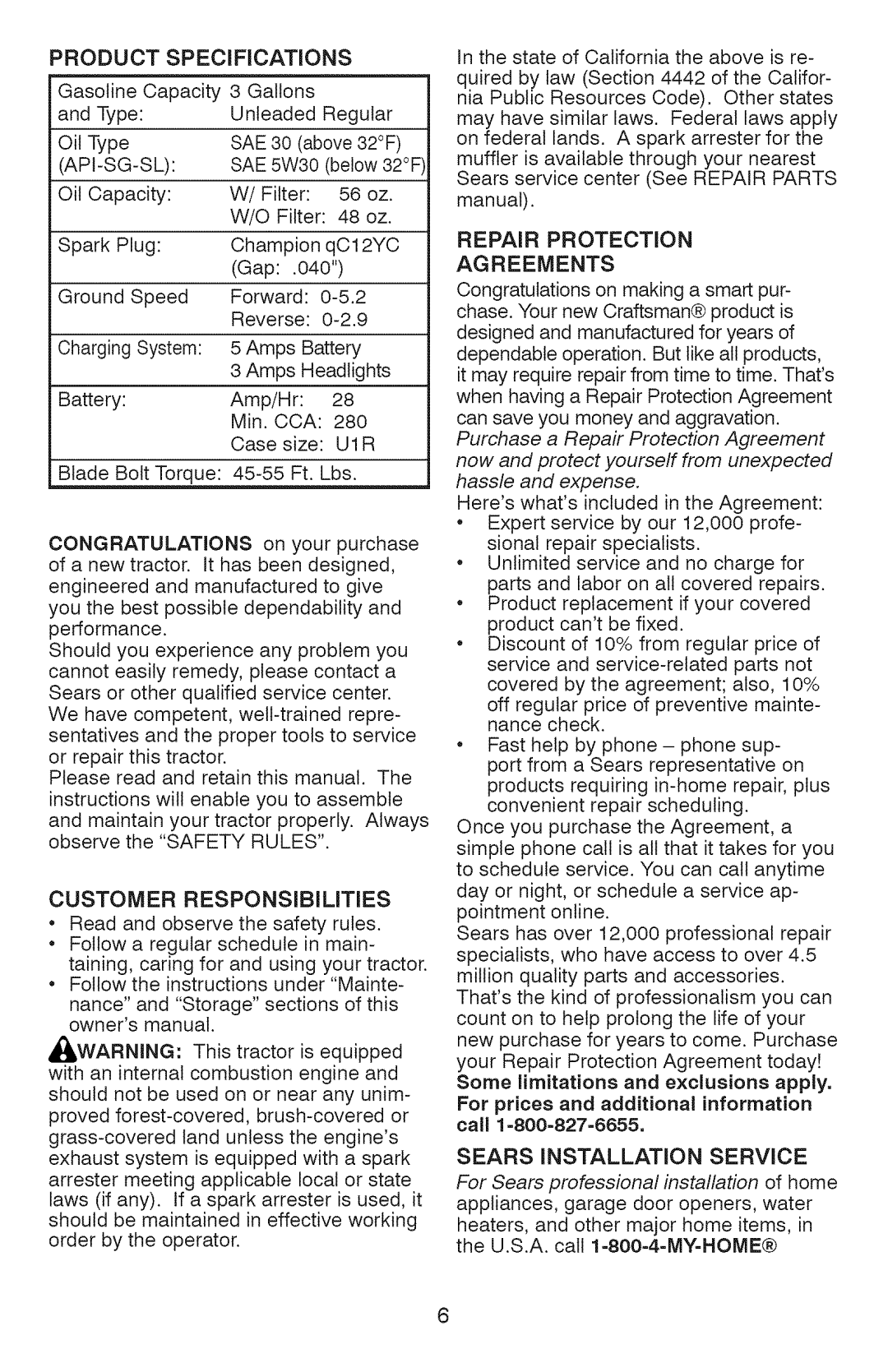 Craftsman 917.28927 manual PRODUCTSPECIFiCATiONS, For prices and additional information call 1-800=827-6655 