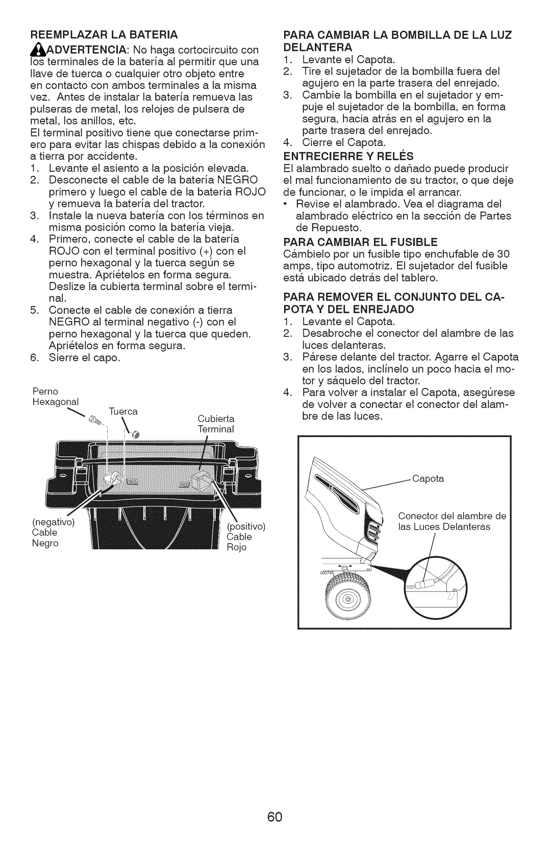 Craftsman 917.28927 Reemplazar LA Bateria Advertencia, Para Cambiar LA Bombilla DE LA LUZ Delantera, Entrecierre Y Reles 