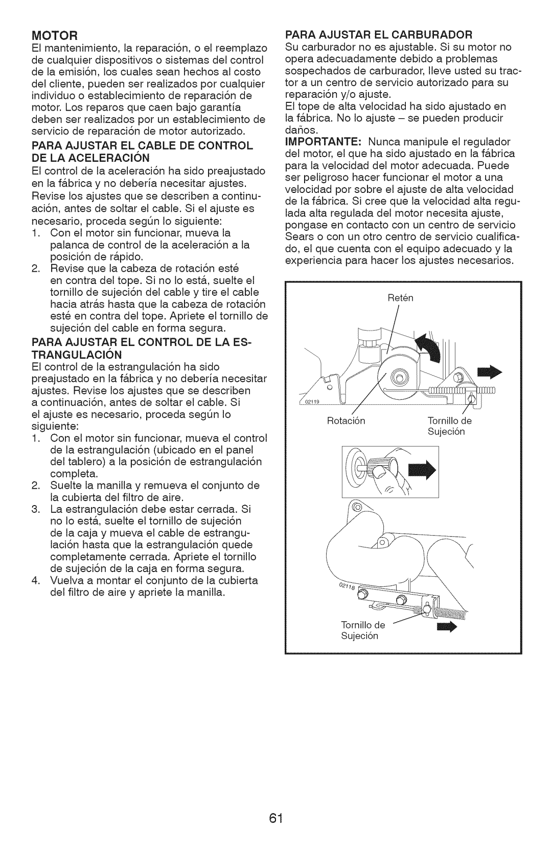 Craftsman 917.28927 Para Ajustar EL Cable DE Control DE LA ACELERACI6N, Para Ajustar EL Control DE LA ES- Trangulacjon 