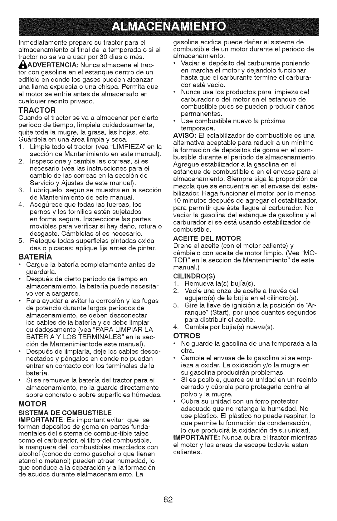 Craftsman 917.28927 manual Aoeite DEL Motor, Otros 