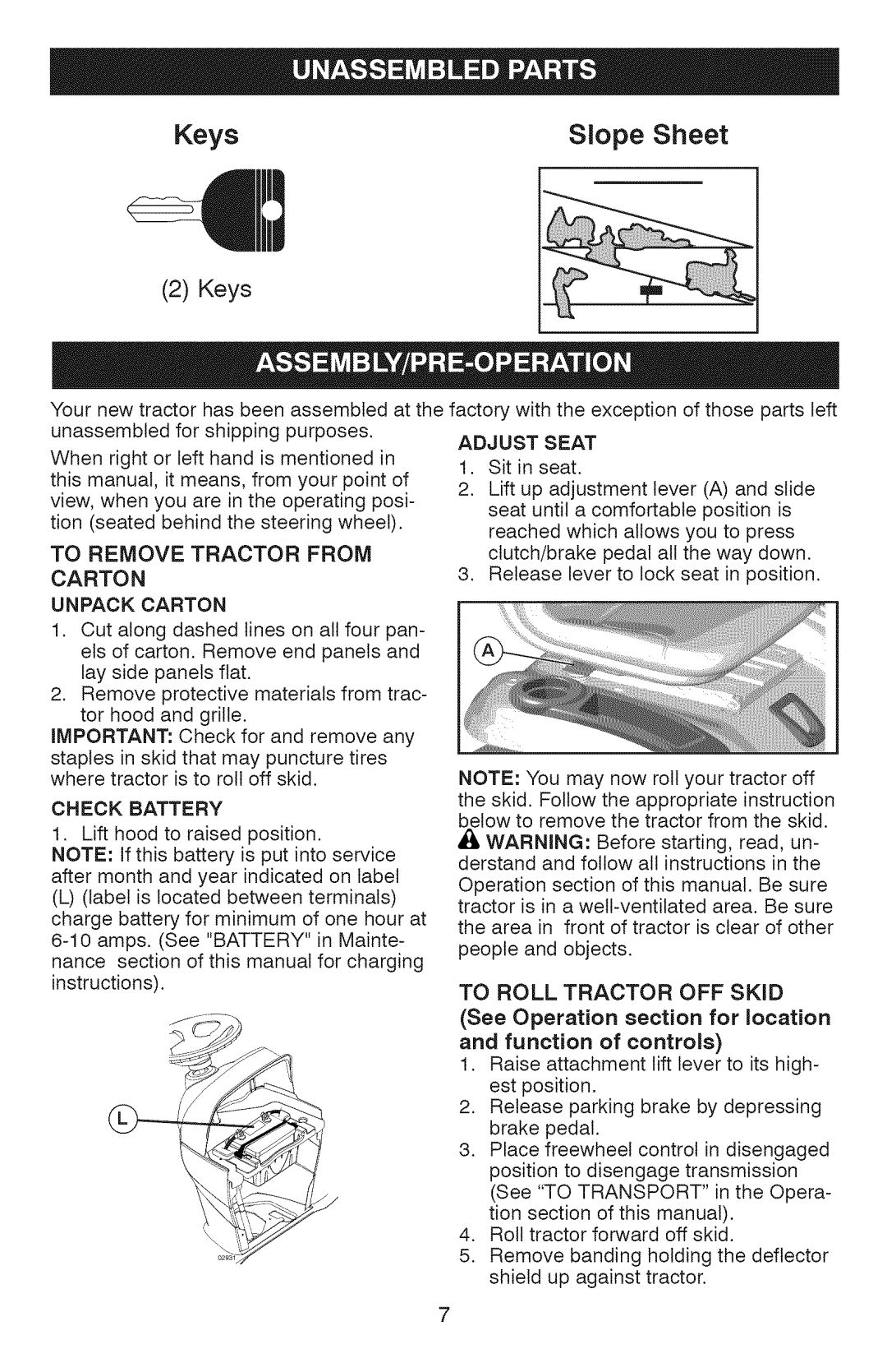 Craftsman 917.28927 manual Adjust Seat, To Remove Tractor from, Carton Unpack Carton, Check Battery 