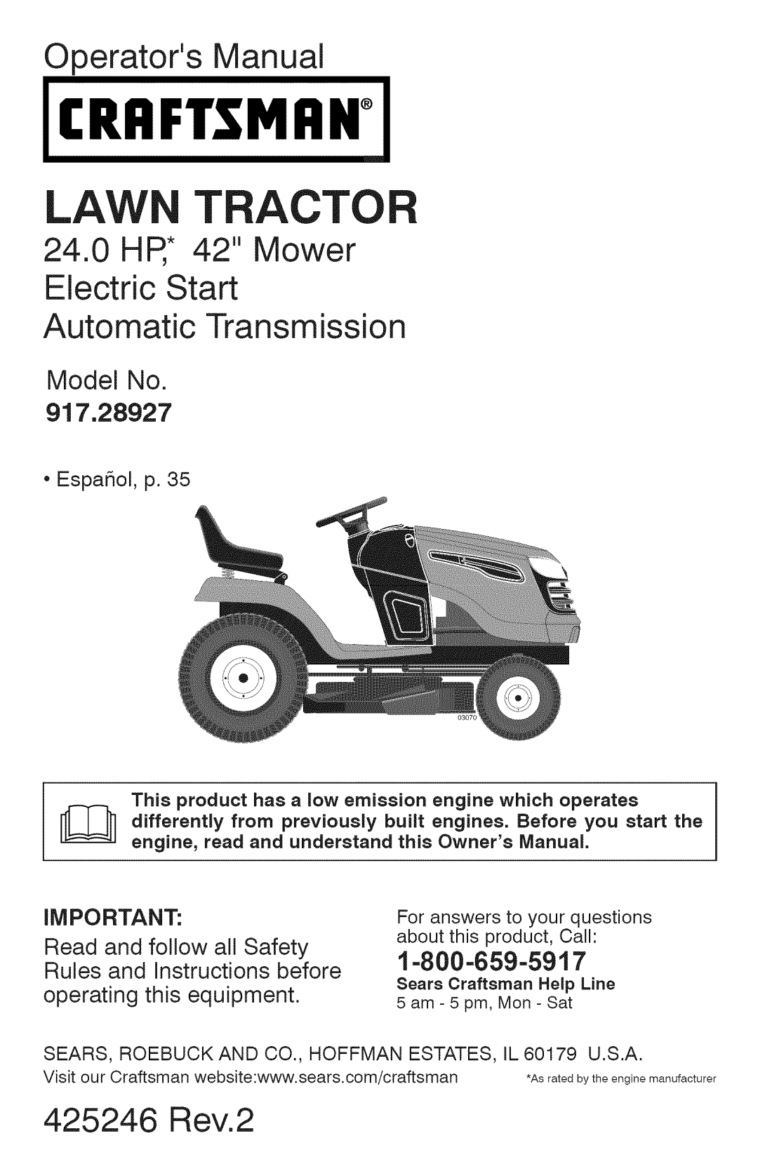 Craftsman 917.28927 manual 425246 Rev.2, Rrftsmrn, Law Tractor, Operators Manual, This product has a low emission 