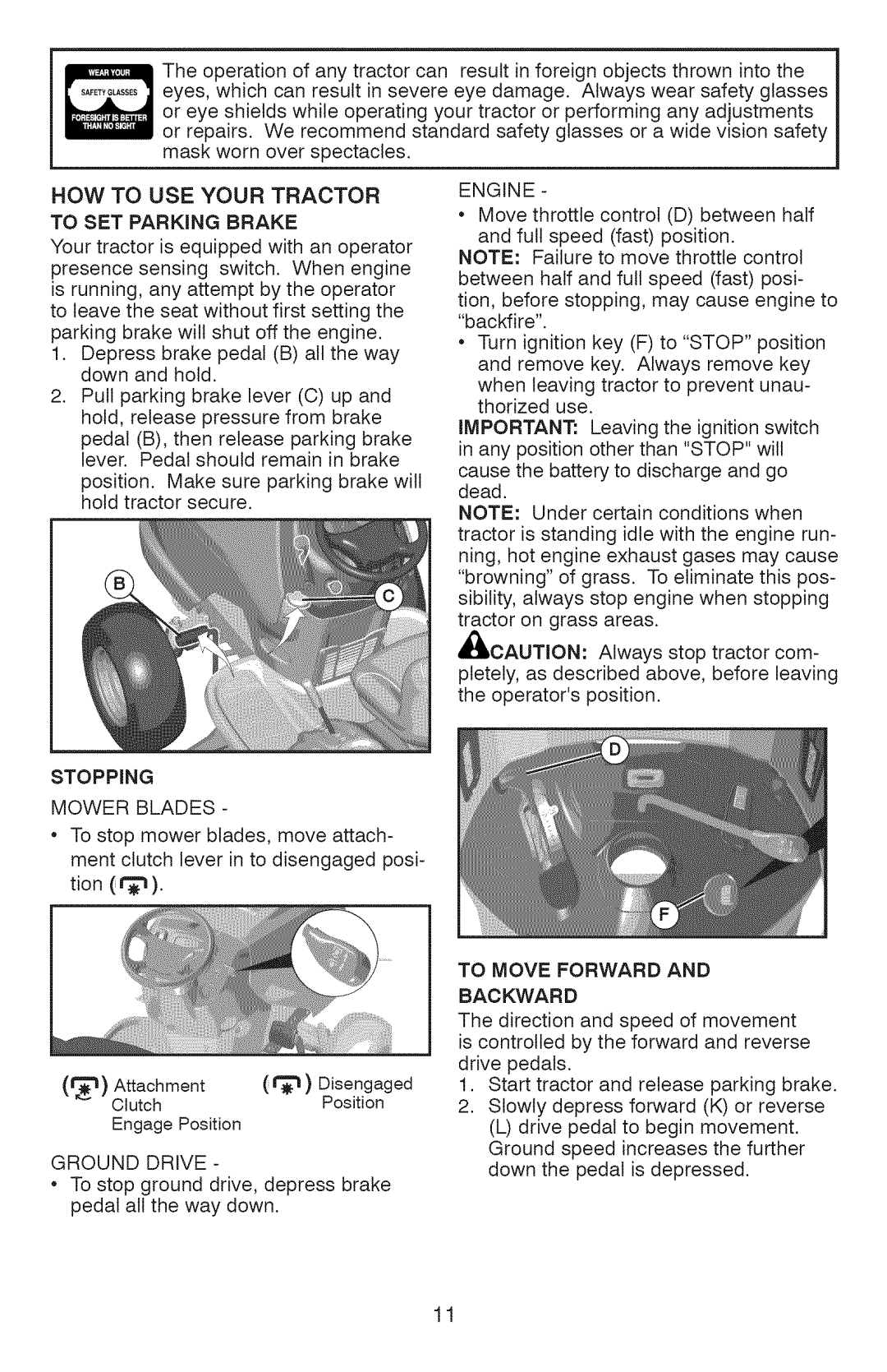 Craftsman 917.28927 manual To Set Parking Brake, Stopping 