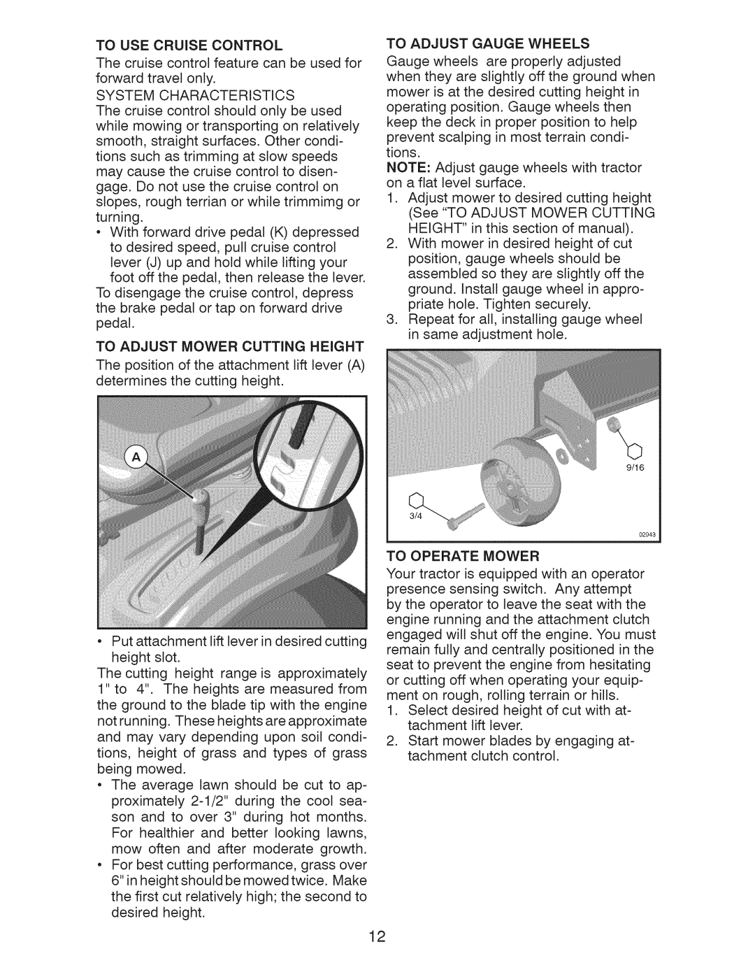 Craftsman 917.28928 To Operate Mower, To USE Cruise Control, System Characteristics, To Adjust Mower Cutting Height 