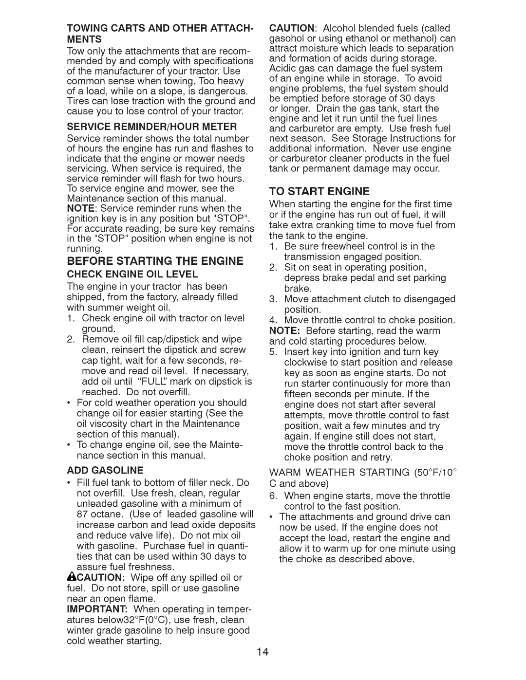 Craftsman 917.289283 owner manual To Start Engine, Check Engine OIL Level, ADD Gasoline, Service REMINDER/HOUR Meter 