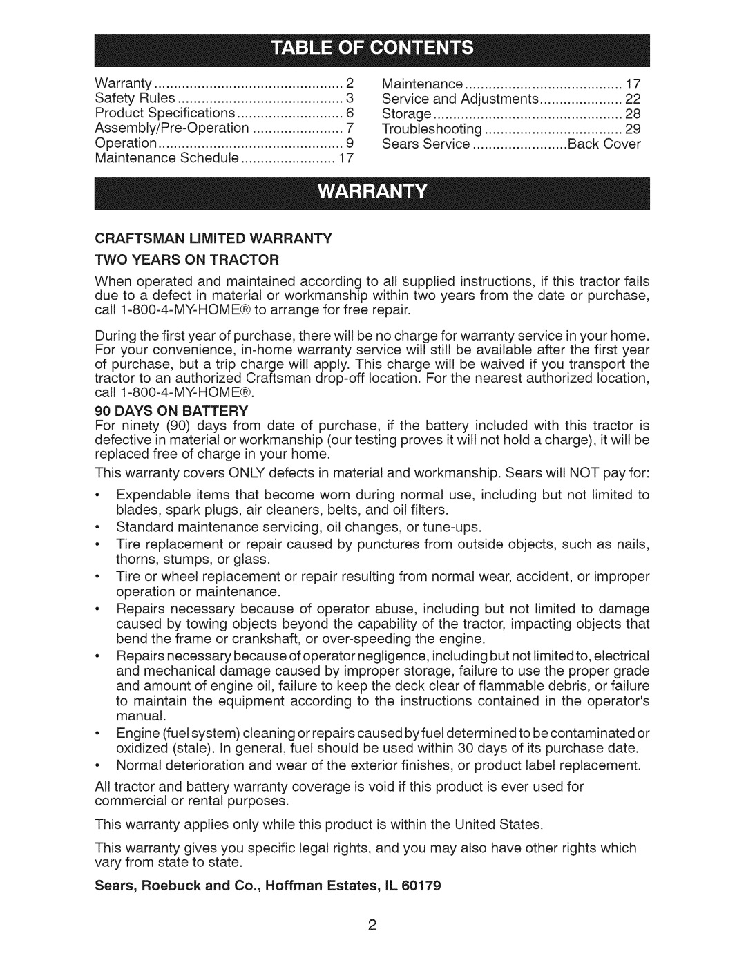 Craftsman 917.289283 owner manual Craftsman Limited Warranty, TWO Years on Tractor, Days on Battery 