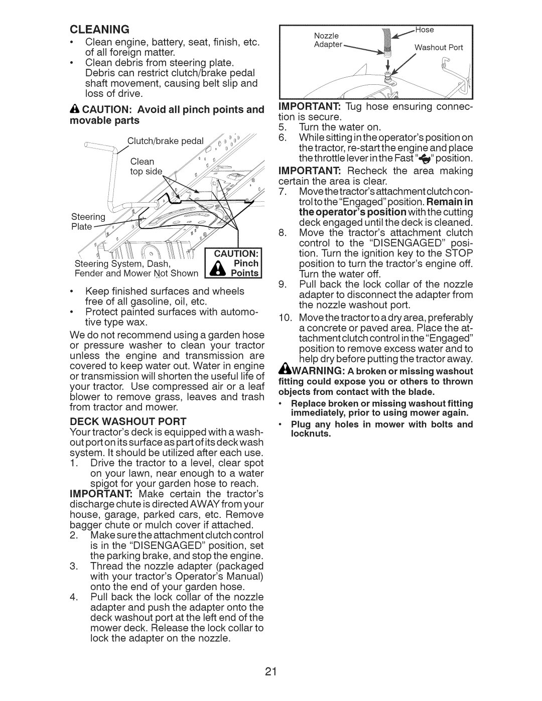 Craftsman 917.289283 owner manual Cleaning, Pinch, Points, Deck Washout Port 