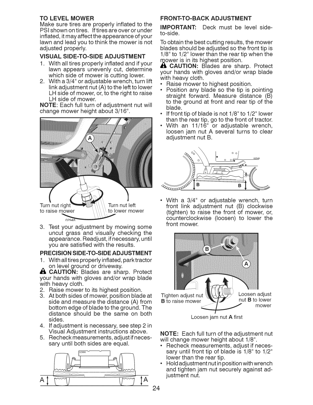 Craftsman 917.289283 owner manual FRONT=TO=BACK Adjustm ENT, To Level Mower, Visual SIDE-TO-SIDE Adjustment 