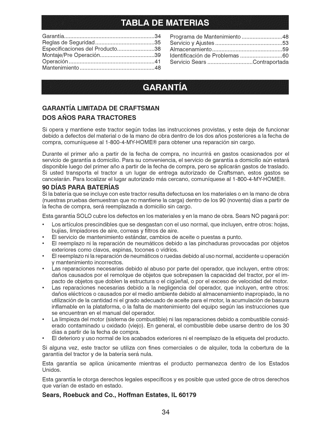 Craftsman 917.289283 owner manual DOS Anos Para Tractores, DiAS Para BATERiAS 