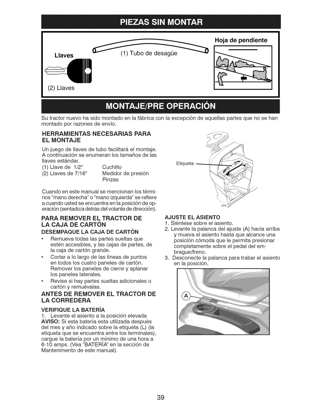 Craftsman 917.289283 owner manual Herramientas Necesarias Para EL Montaje, Para Remover EL Tractor DE, Ajuste EL Asiento 