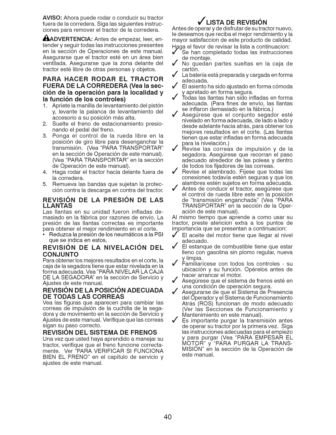 Craftsman 917.289283 owner manual Revision DE LA Presion DE LAS Llantas, Revision DEL Sistema DE Frenos 