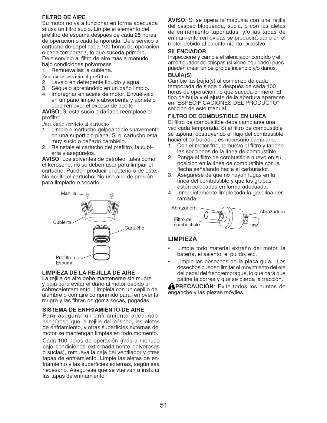 Craftsman 917.289283 owner manual Filtro DE Aire, Limpieza DE LA Rejilla DE Aire, Filtro DE Combustible EN Linea 