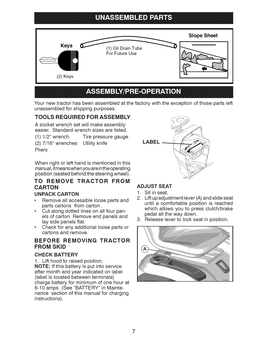 Craftsman 917.289283 Tools, Required For Assembly, Label, To Remove Tractor from Carton Unpack Carton, CH ECK Battery 