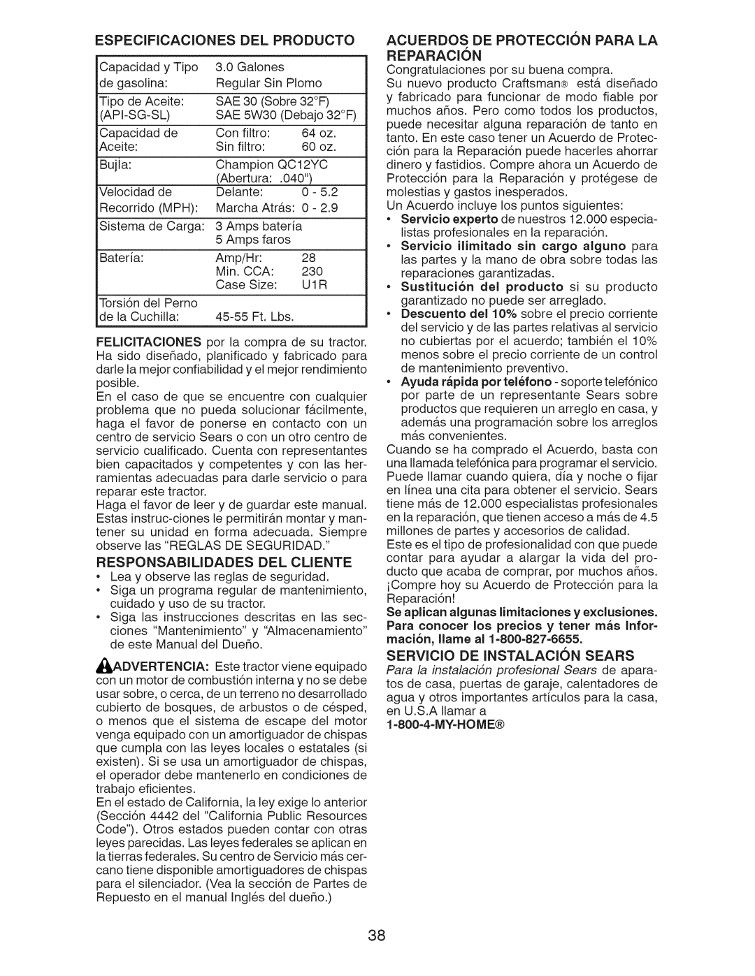 Craftsman 917.289283 owner manual Producto, Responsabilidades Del Cliente, Acuerdos De Proteccion Para La Reparacion 