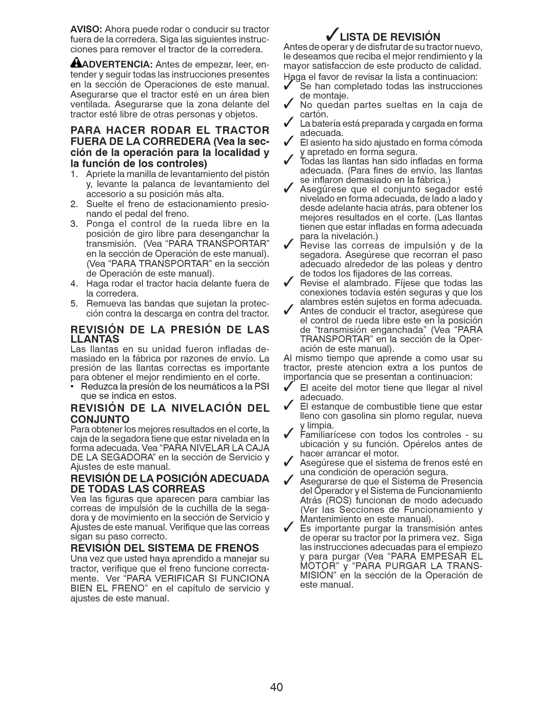 Craftsman 917.28928 la funcion de los controles, Revision De La Presion De Las Llantas, Revision Del Sistema De Frenos 