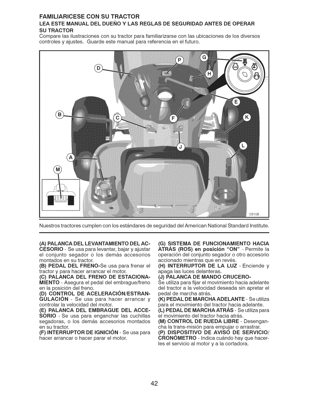 Craftsman 917.289283 owner manual Familiaricese Con Su Tractor, KPEDAL DE MARCHAADELANTE - Se utiliza 