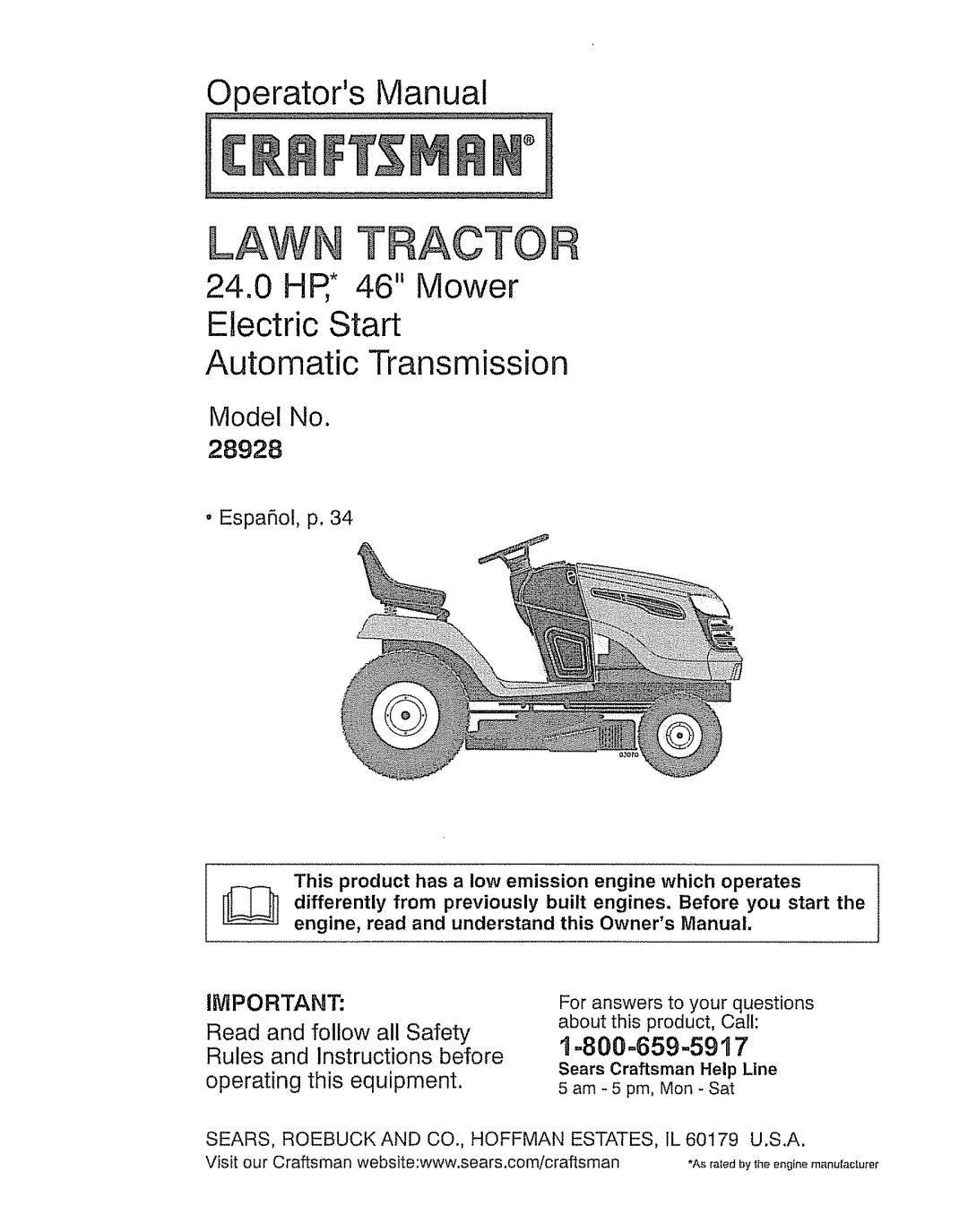 Craftsman 917.289280 manual Lawn Tractor 