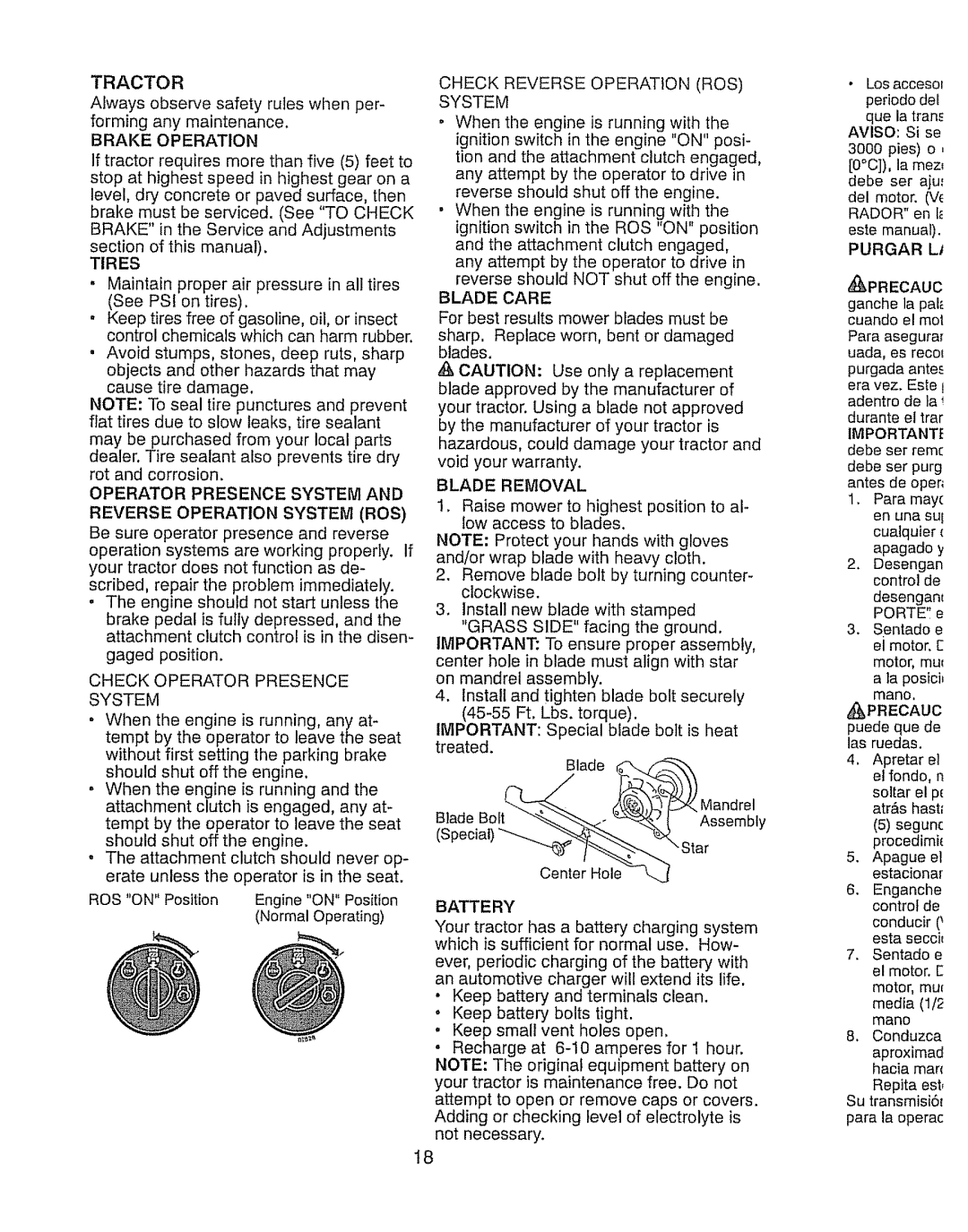 Craftsman 917.289280 Tractor, Brake Operation, Tires, Check Operator Presence System, Check Reverse Operation ROS System 