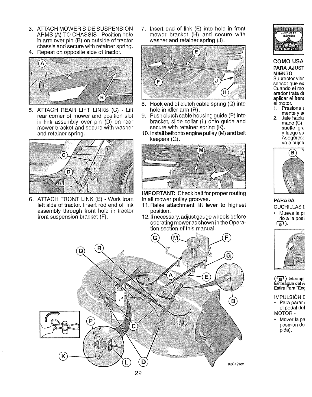 Craftsman 917.289280 manual Attach Mower Side Suspension, Arms, Como USA, Miento, Parada Cuchillas, Impulsion E, Motor 