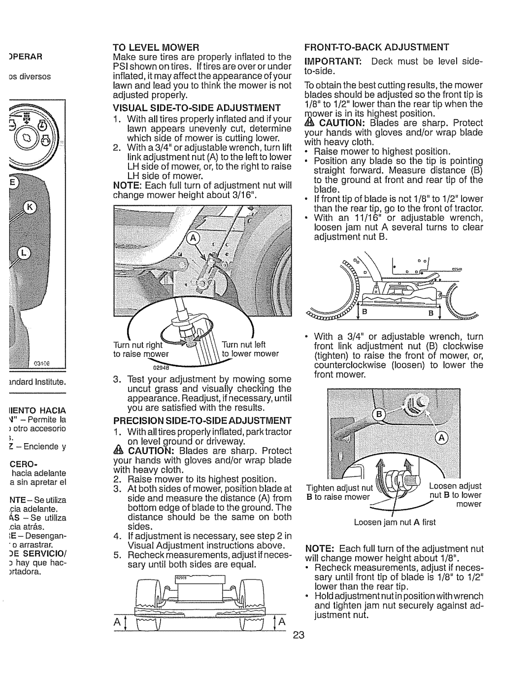 Craftsman 917.289280 manual To Level Mower, Visual SIDE-TO-SIDE Adjustment, FRONT-TO-BACK Adjustment, Cero 