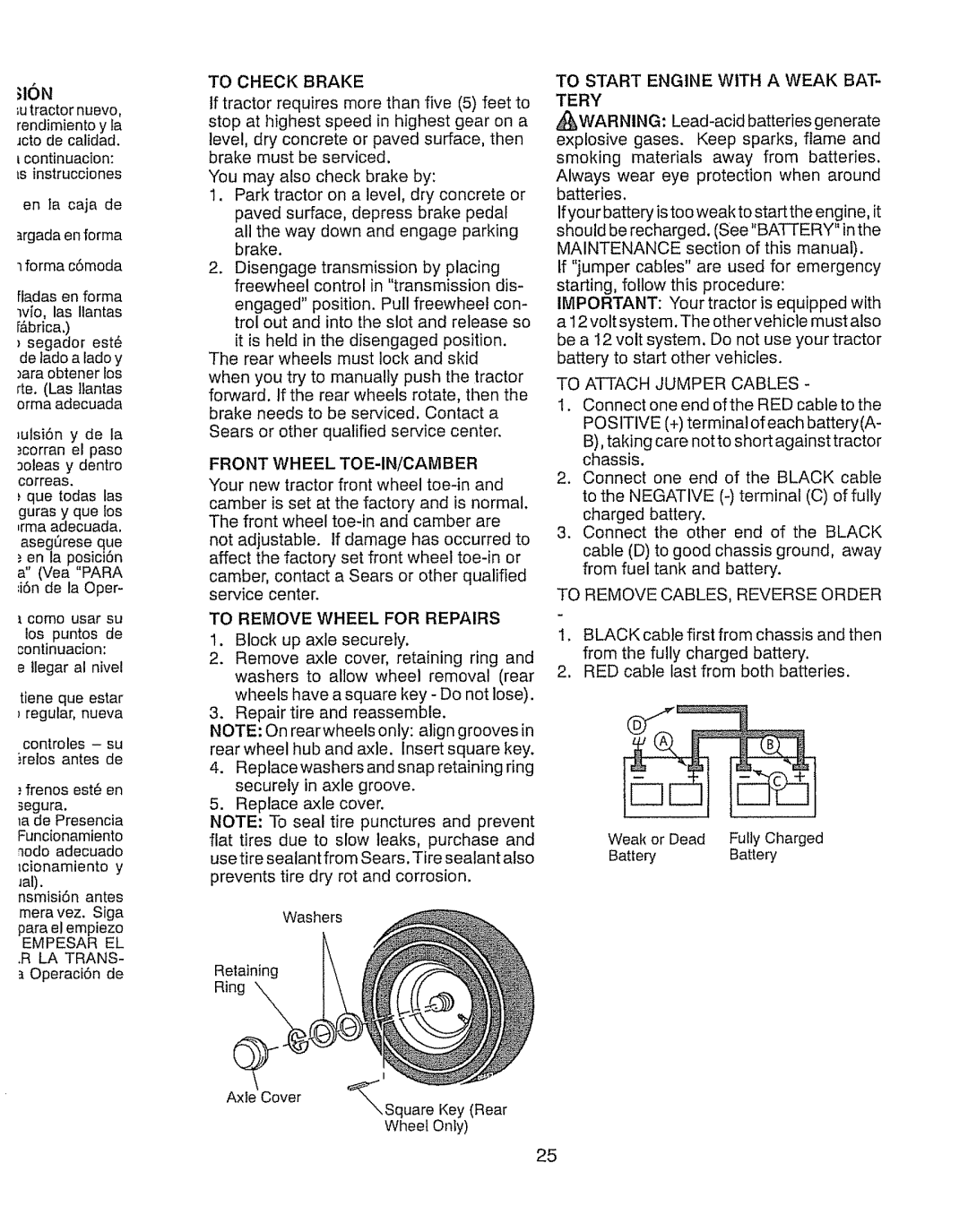 Craftsman 28928 manual Empesar EL ,R LA Trans, To Check Brake, Front Wheel TOE-IN/CAMBER, To Remove Wheel for Repairs, Tery 