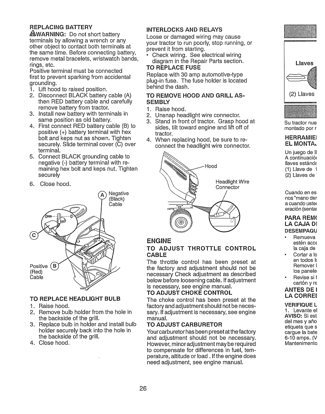 Craftsman 917.289280 manual Close hood, Replacing Battery 