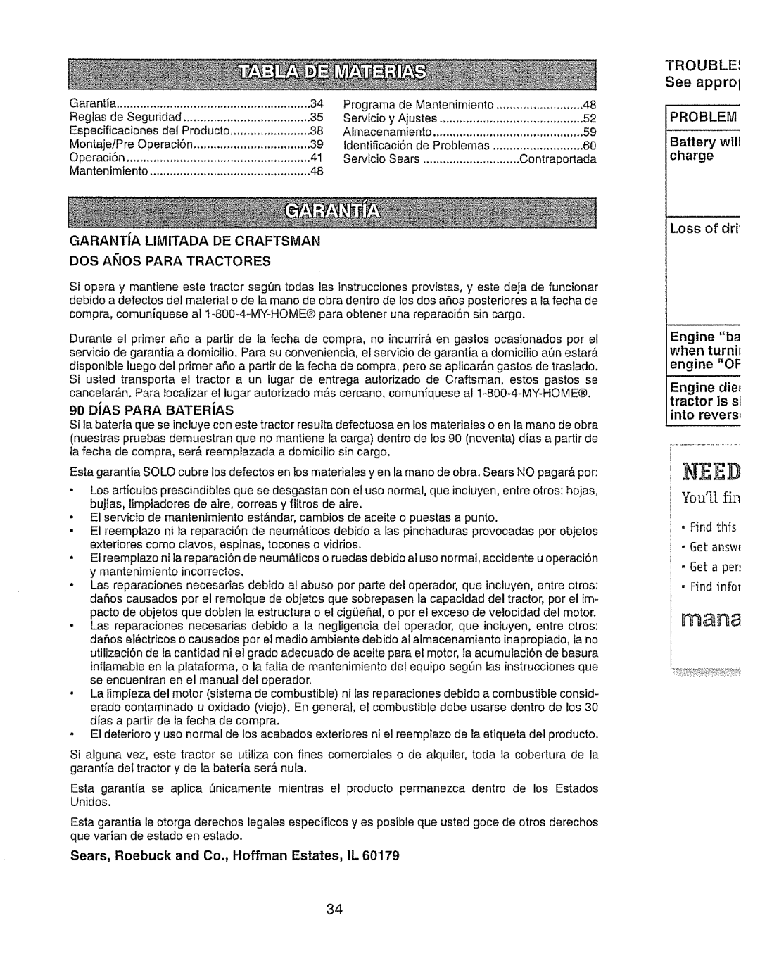 Craftsman 917.289280 manual See appro, GARANTiA Limitada DE Craftsman, Problem, Loss of dri Engine ba when turnit 