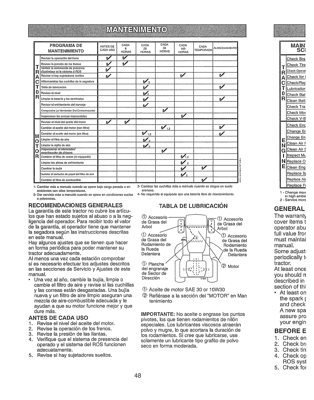 Craftsman 917.289280 manual Mantenimiento, OnAs, SCl, Recomendaciones Generales 